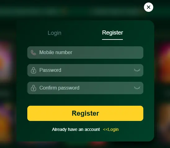 New account registration screen for Android users