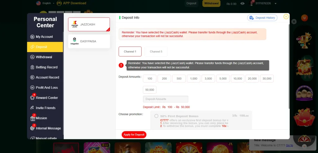 Deposit screen with available payment options