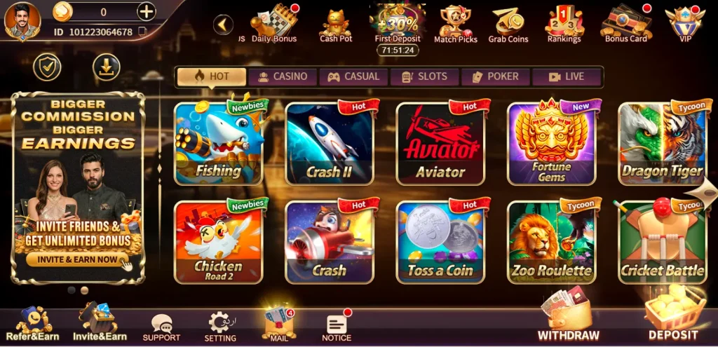 Royal X Casino home screen with main dashboard