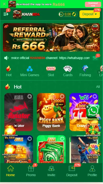 KHAN804 Game home screen with main mobile sections