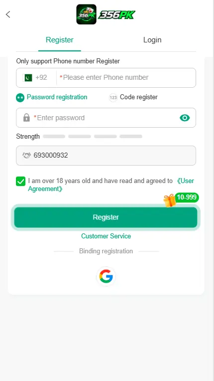 Mobile account registration form for Android users