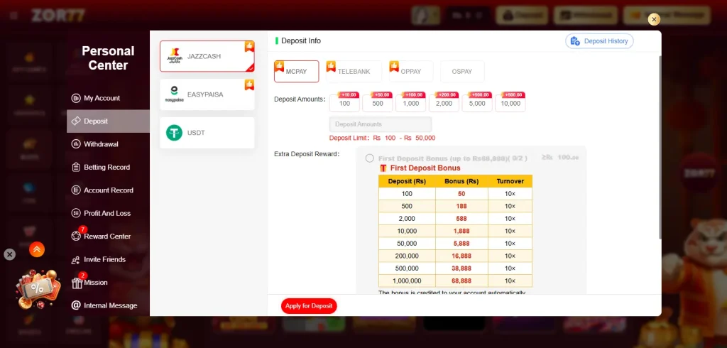 ZOR77 Game deposit screen showing wallet and available payment methods