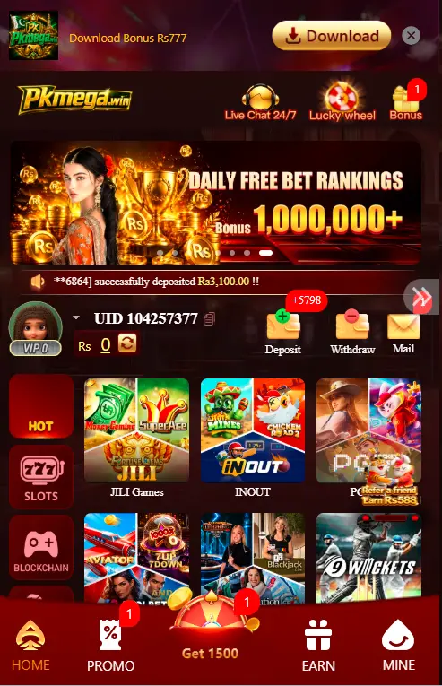 PKMegaWin Game home page showing games and account options