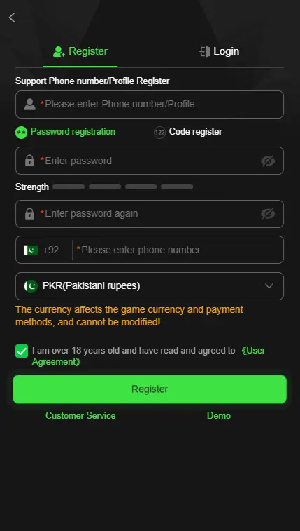 Mobile registration form for creating a 7A account