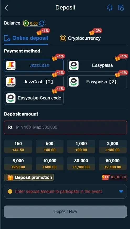 88DD Game deposit page with payment options