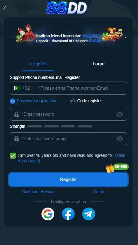 88DD Game registration page for new users