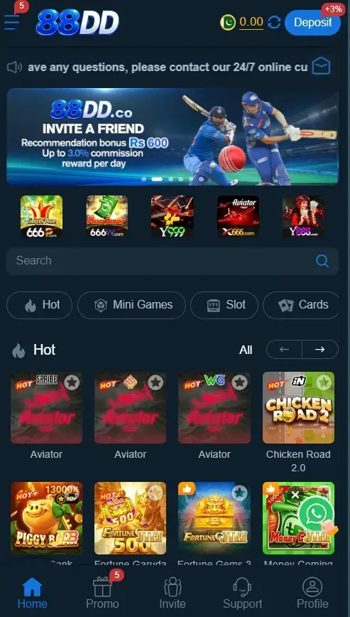 88DD Game home screen with mobile navigation