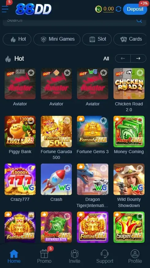 88DD Game categories and available mobile games