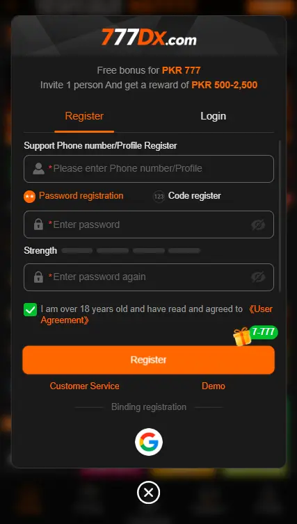 Mobile registration form for creating a 777DX account