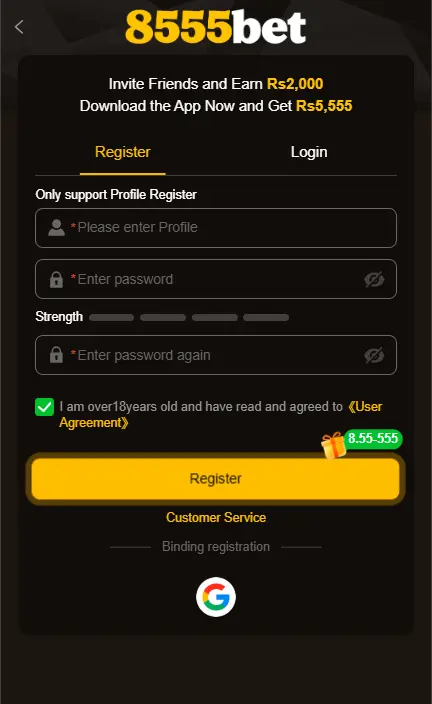 Mobile registration form for creating a new account