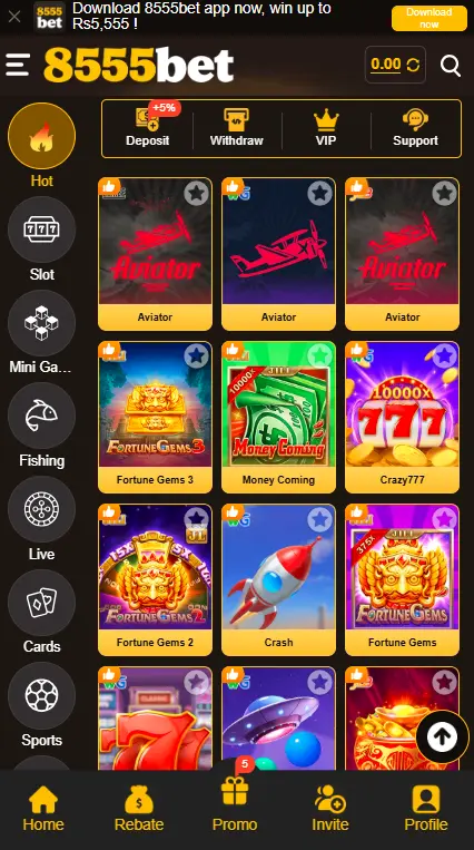 Mobile screen showing different game categories